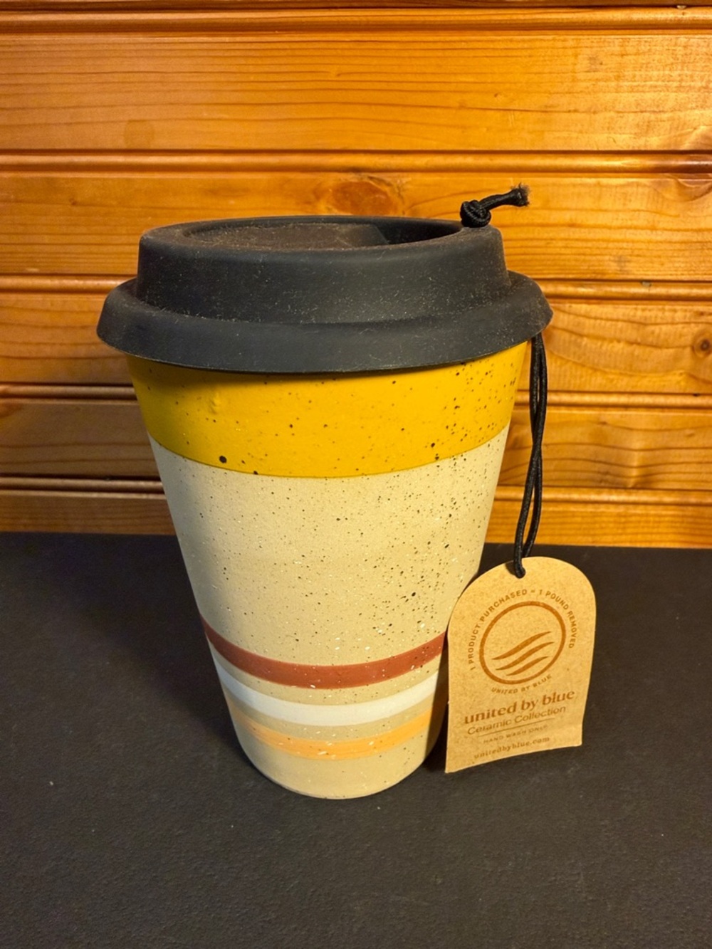 United By Blue Stoneware 12oz mug gold stripe Ceramic with lid